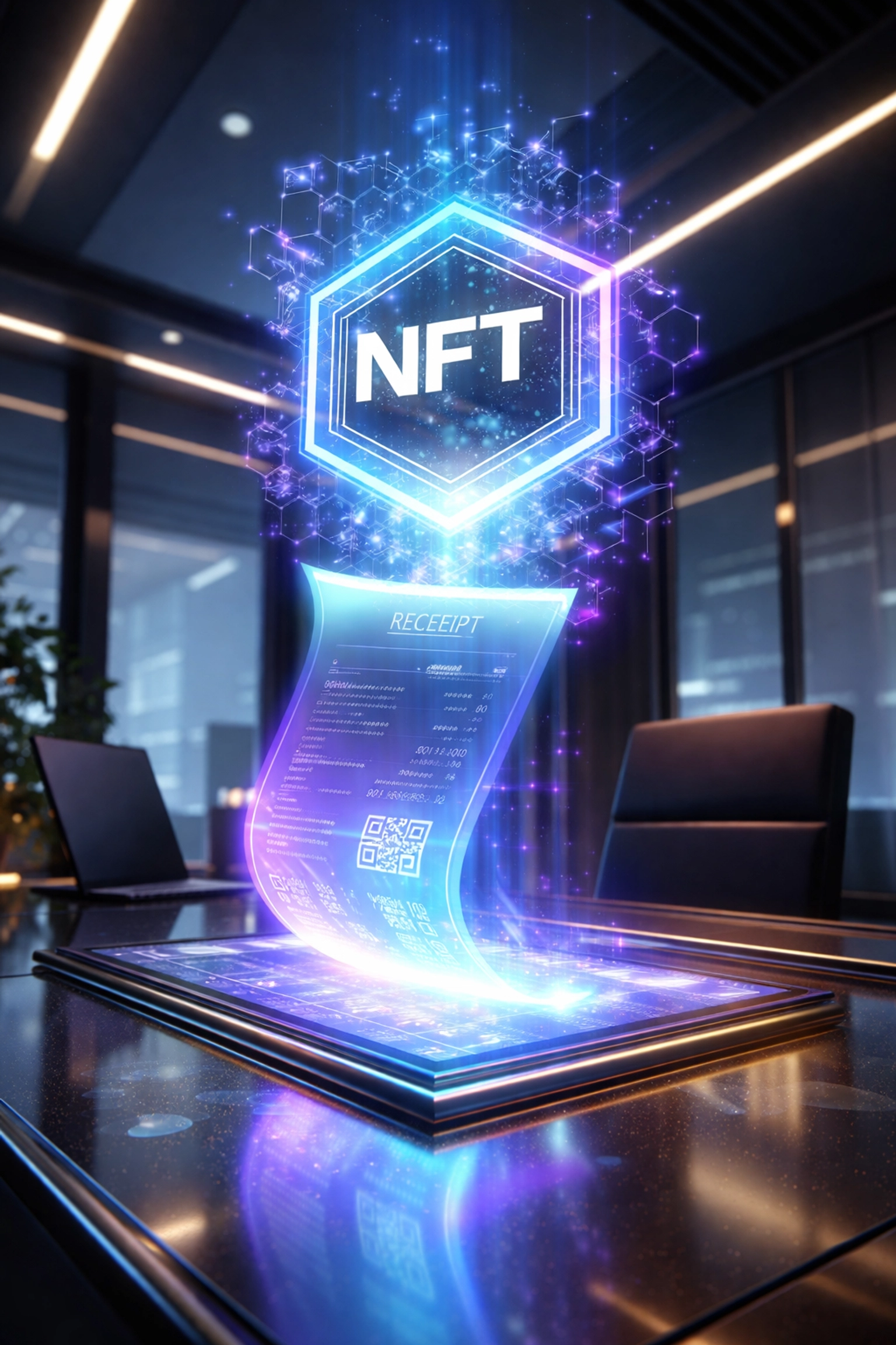 Digital receipt transforming into an NFT illustrates blockchain-based NFT receipts for merchant accounting and transaction proof.