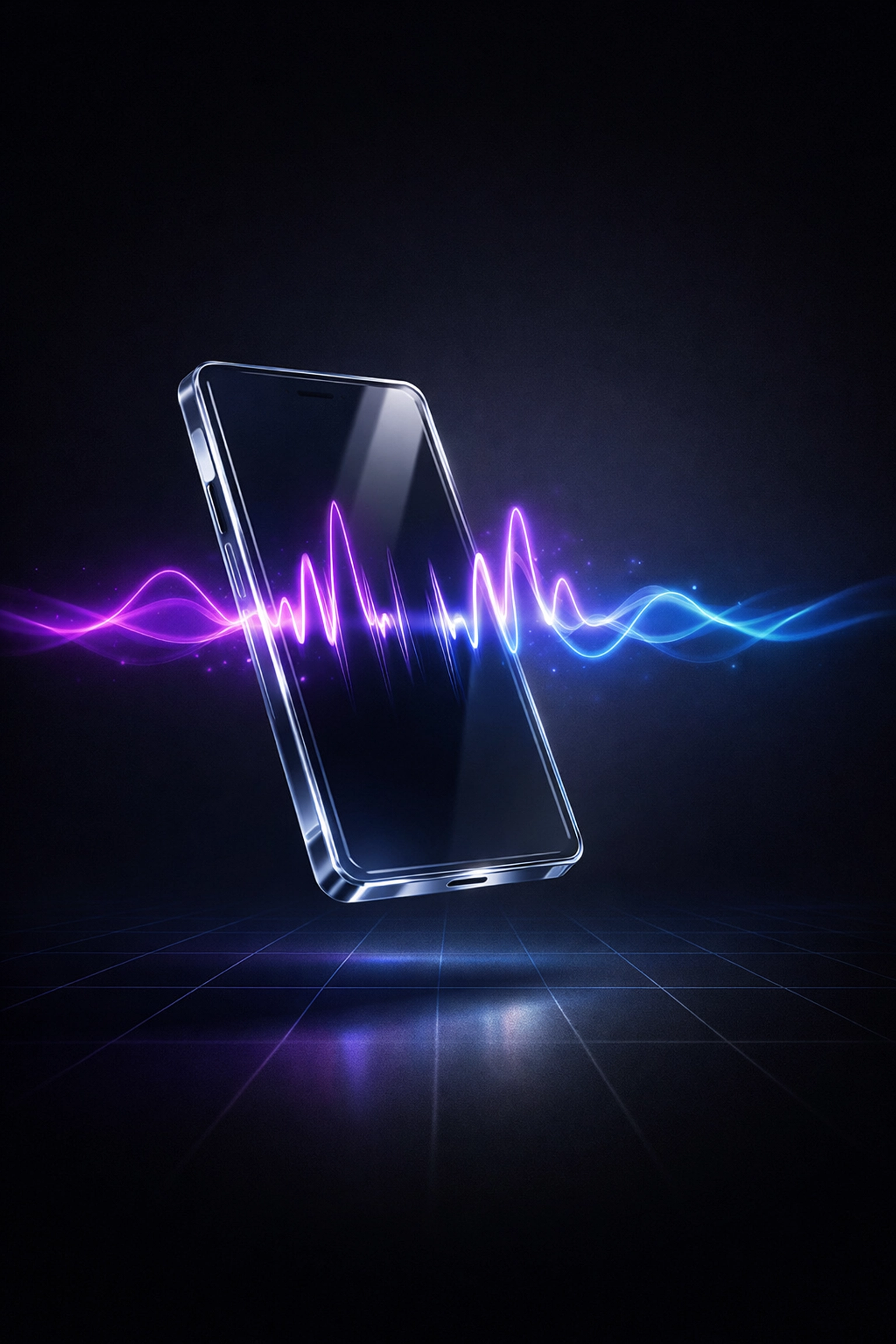 Glowing smartphone emitting light waves representing AI voice receptionist technology for small business calls.