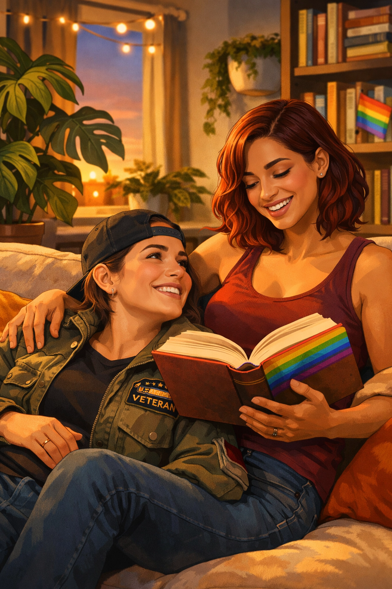 A lesbian veteran and her partner share a moment of queer joy while reading LGBTQ+ books at home.