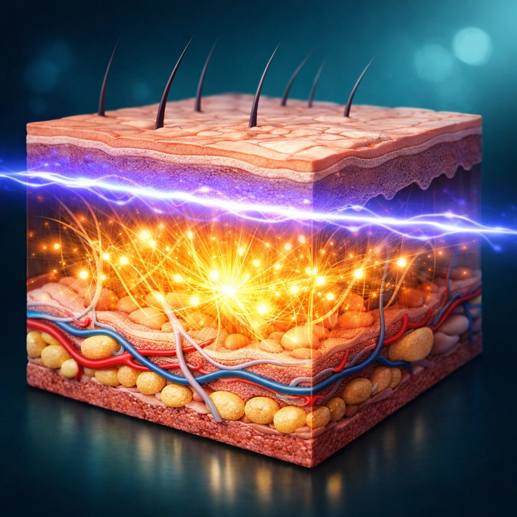 Cross-section of skin showing NeoGen PSR nitrogen plasma energy penetrating the dermis to stimulate new collagen.