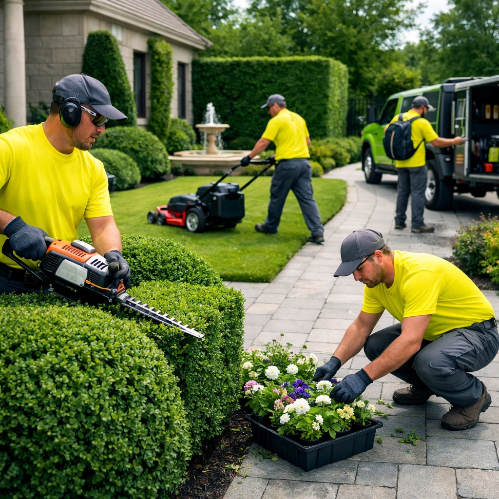 Landscaping crew wearing matching yellow custom t shirts working together for a consistent professional brand.