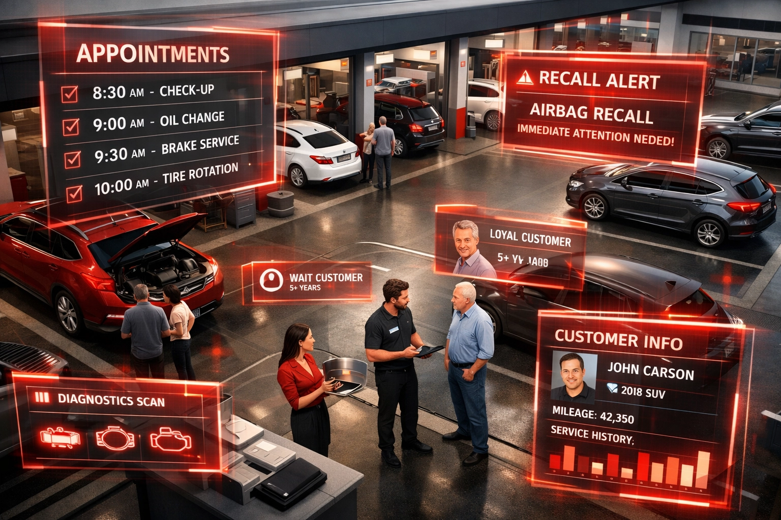Dealership service drive with AI concierge managing recall appointments and customer interactions