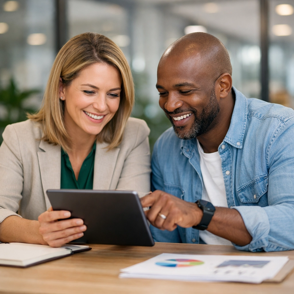 Marketing experts collaborating at a desk, discussing personalized local audience strategies.