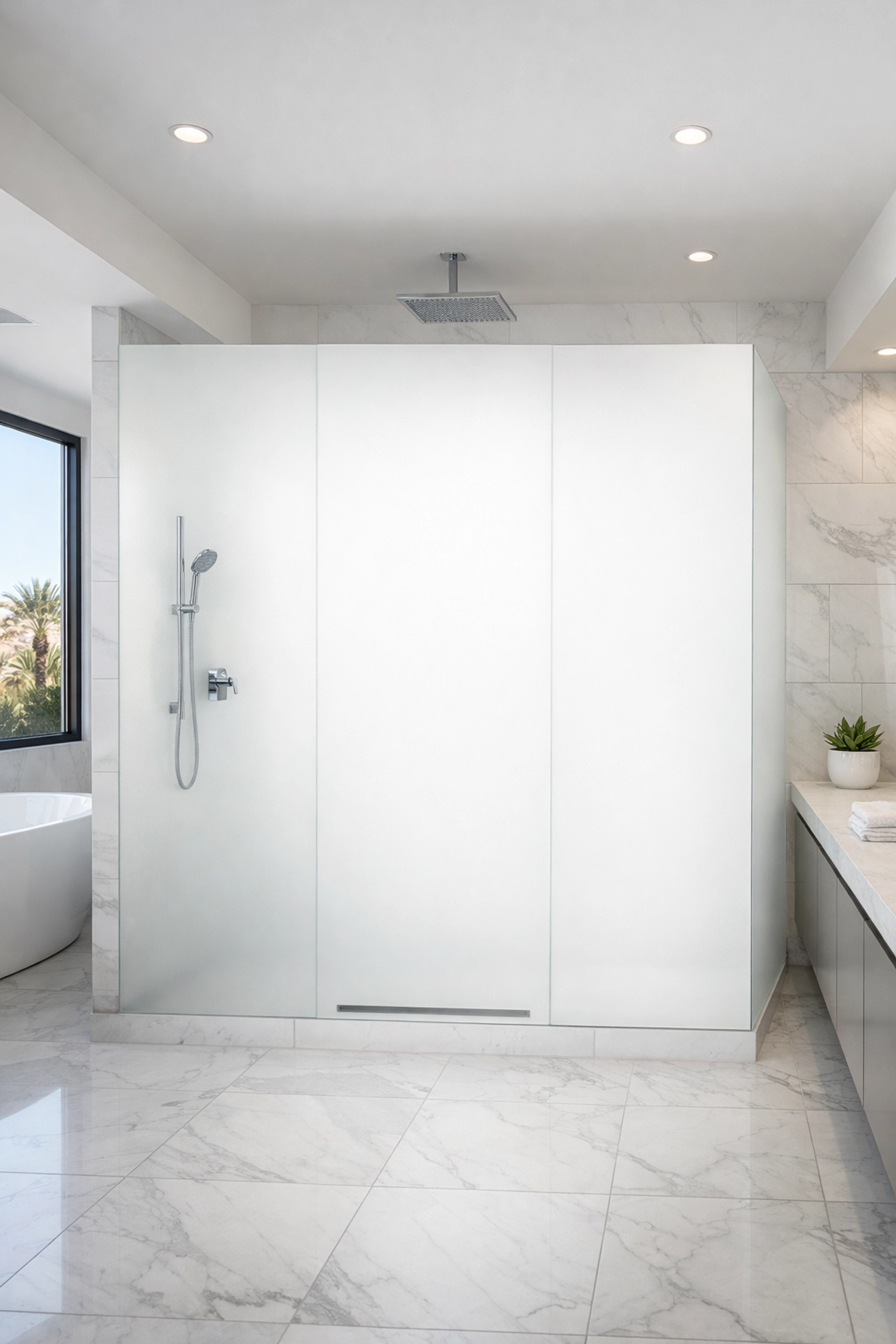 Residential smart glass shower in a Phoenix home providing instant privacy and modern style.