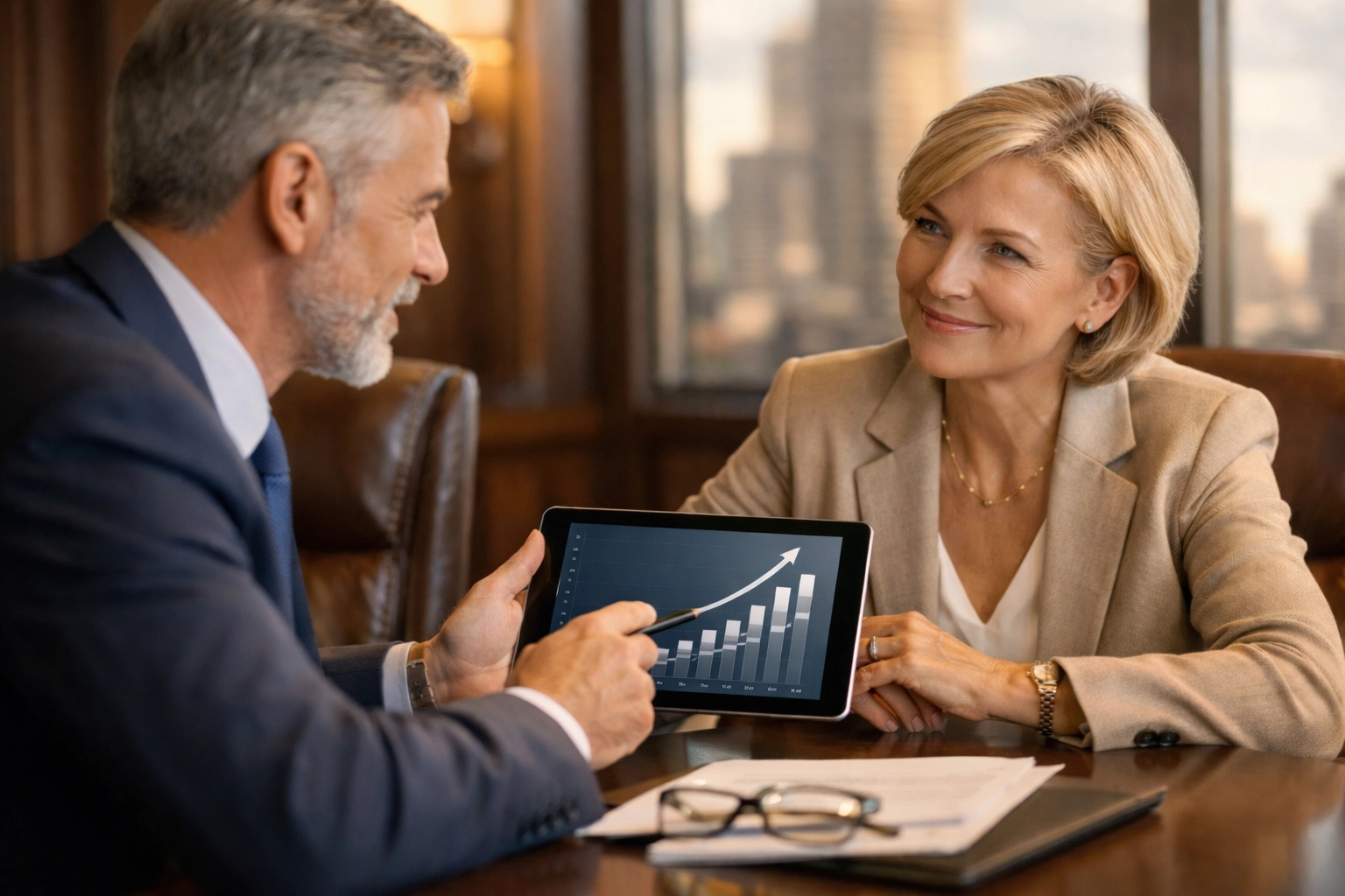 Insurance executives discussing iCOLI strategies for capital optimization and yield enhancement in a boardroom.