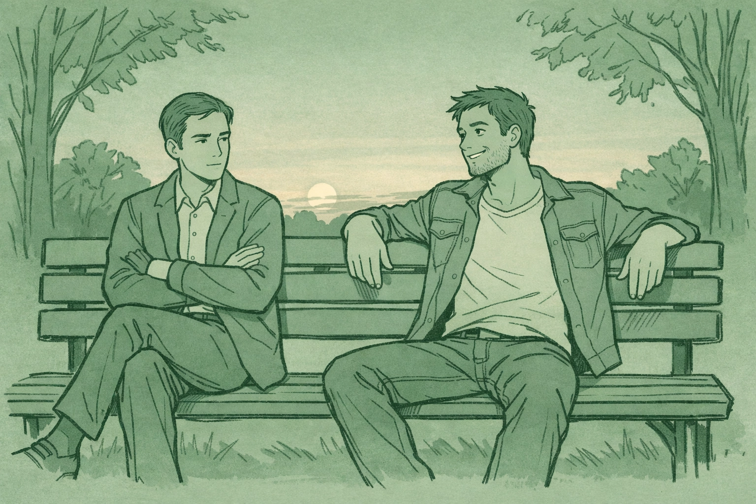 Two men on park bench at dusk - Muslim gay romance exploring healing and second chances