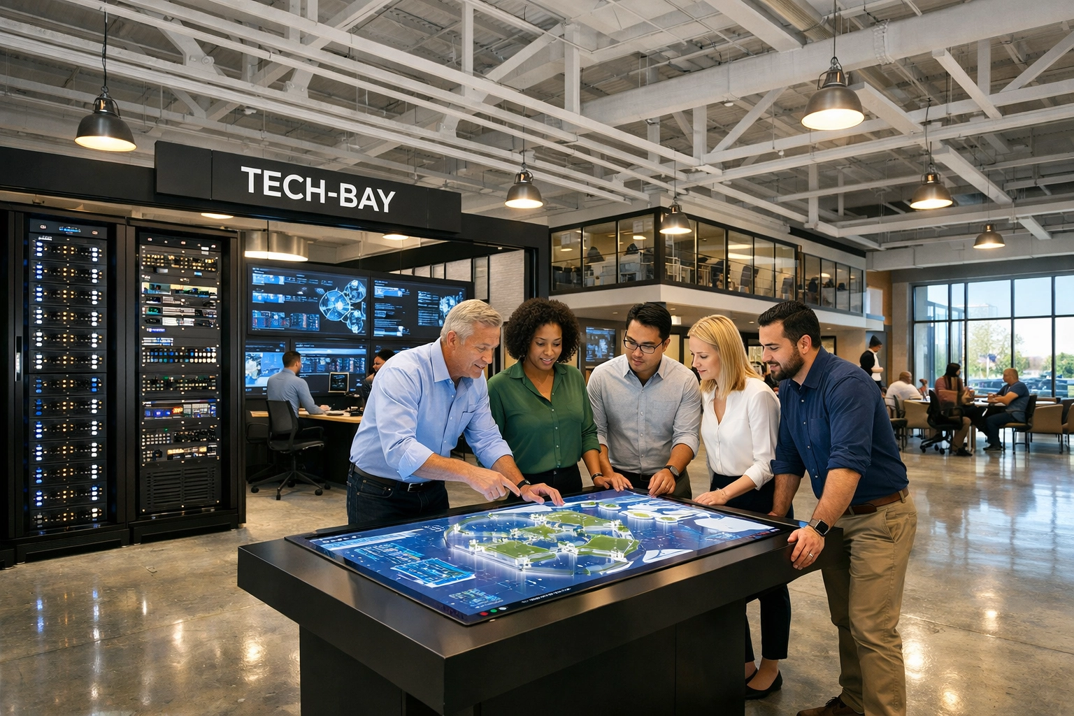 Professionals collaborating at a regional workforce development hub with advanced technology infrastructure.