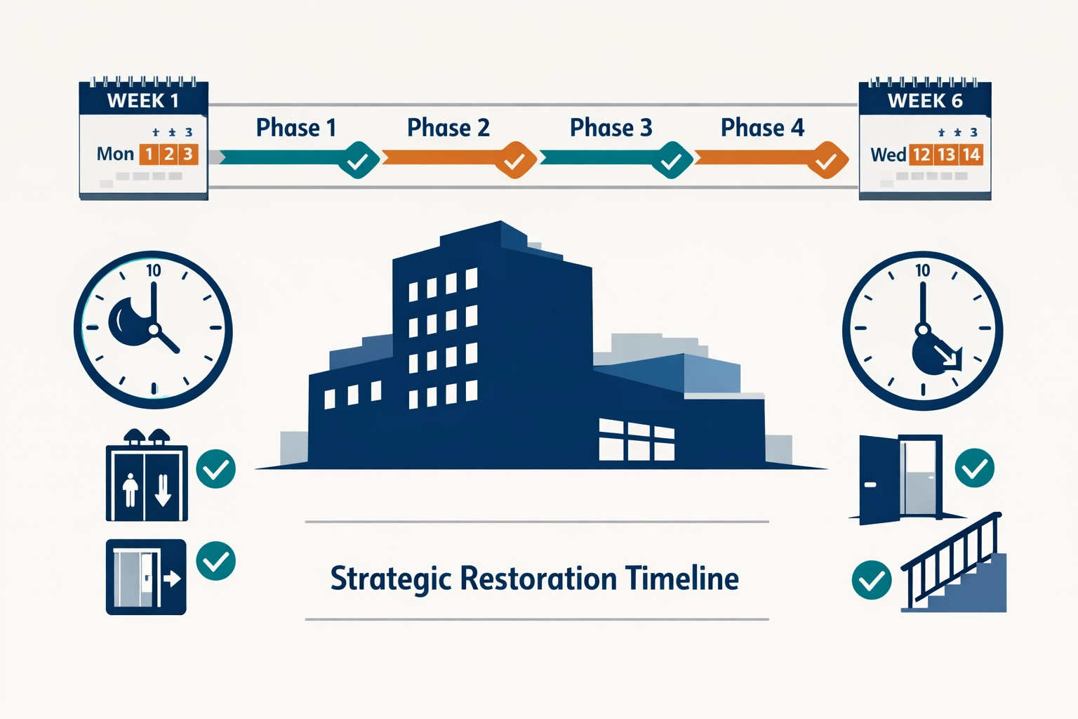 Strategic building restoration timeline with phased maintenance schedule and completion markers