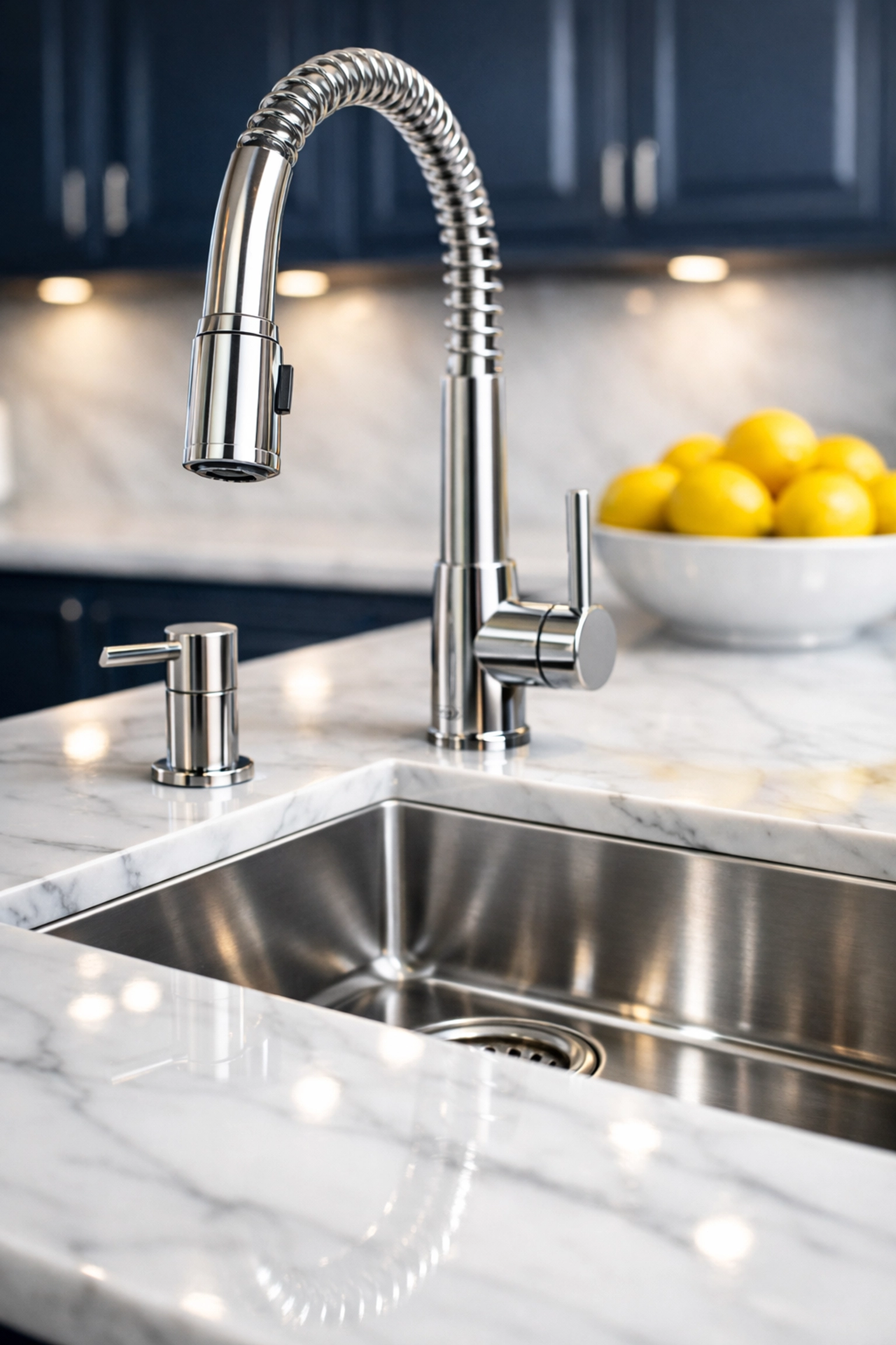 Spotless kitchen sink and sanitized marble countertops for a 5-star short-term rental guest experience.