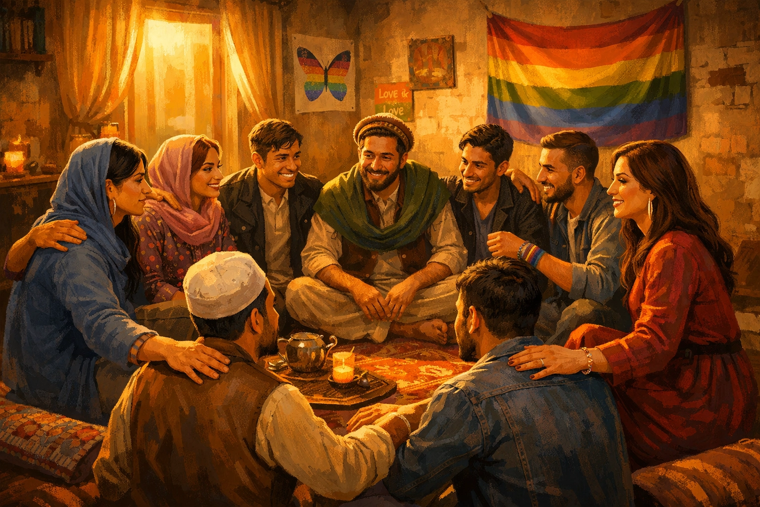 A resilient group of queer Afghans and trans women in a safe house, representing LGBTQ community support and hope.