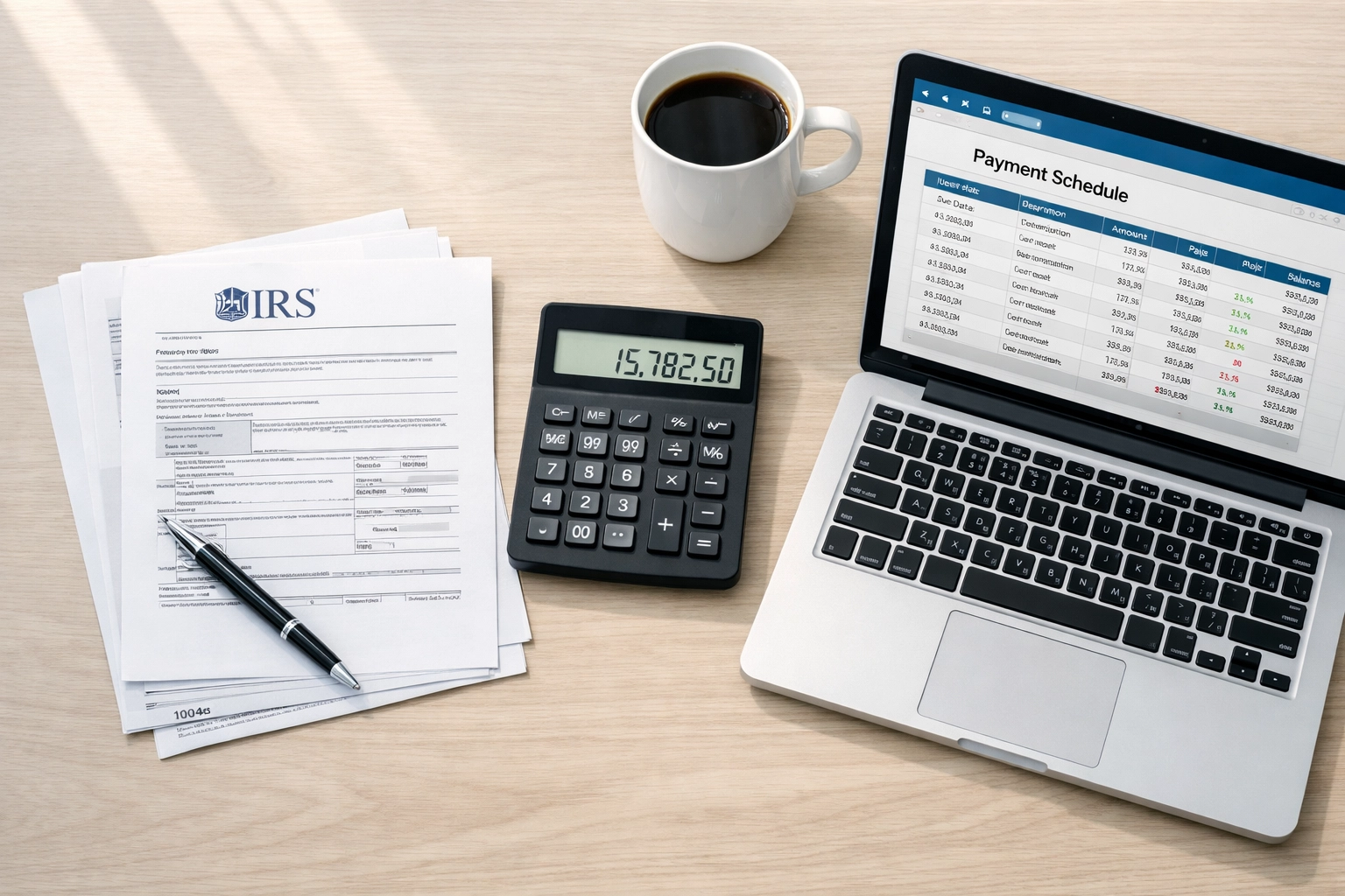 Organized tax documents and calculator for IRS installment agreement application