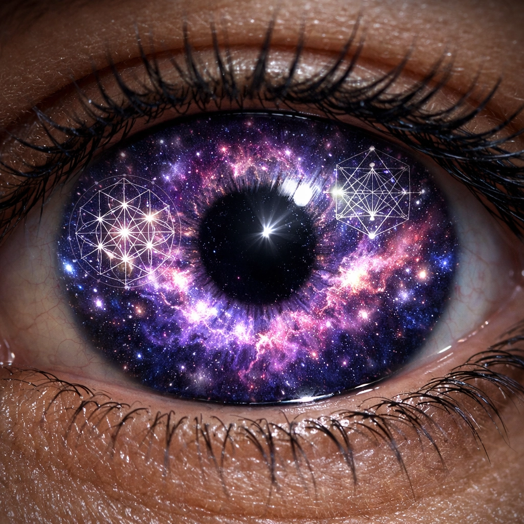 Abstract eye with a galaxy iris, symbolizing visionary consciousness and flow state mastery.
