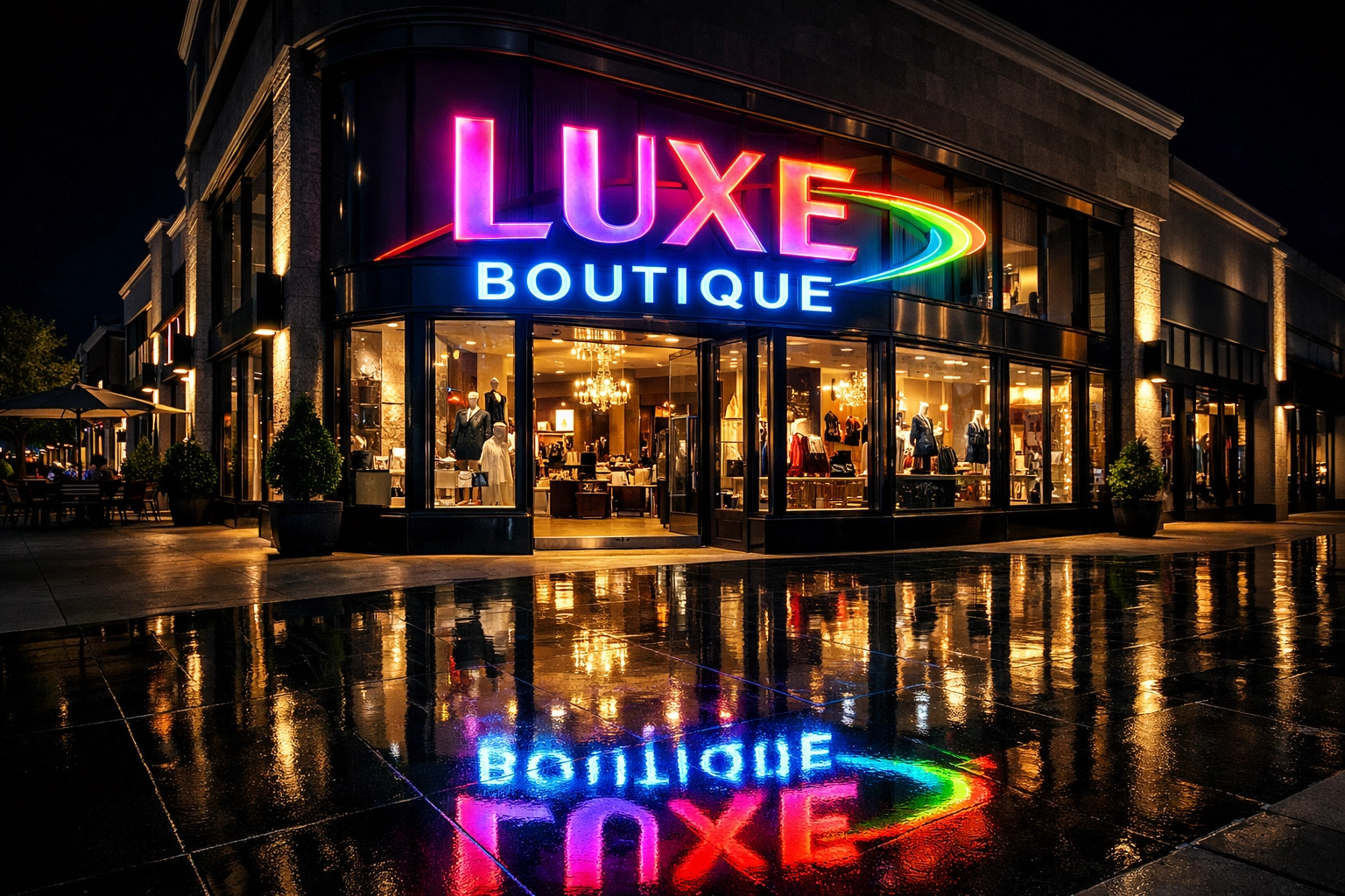 Vibrant storefront LED sign illuminating a DFW retail business to attract customers at night.