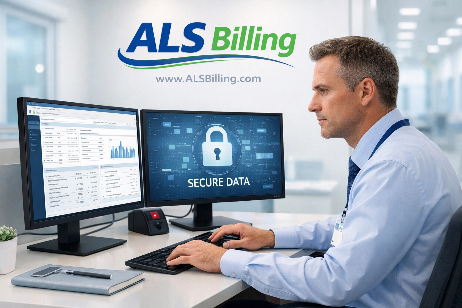 Hospice administrator securely managing patient data on a computer to ensure HIPAA compliance and protection.