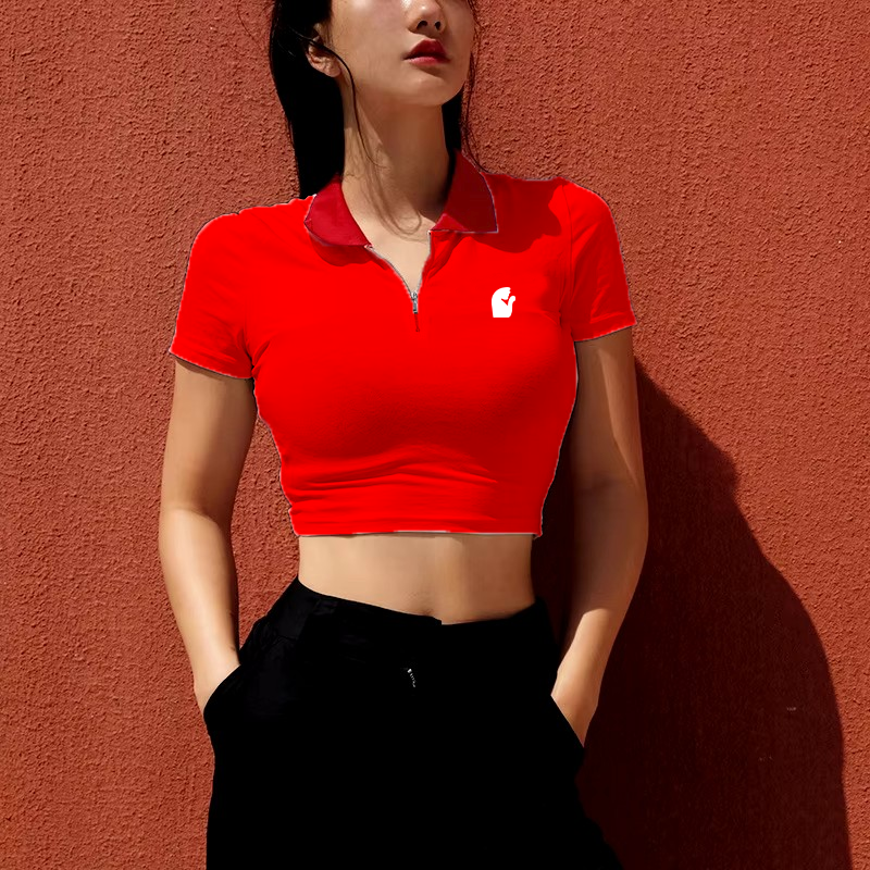 Channel your inner fire with the bold red zip-up crop polo, the perfect body-hugging fit for a confident look.