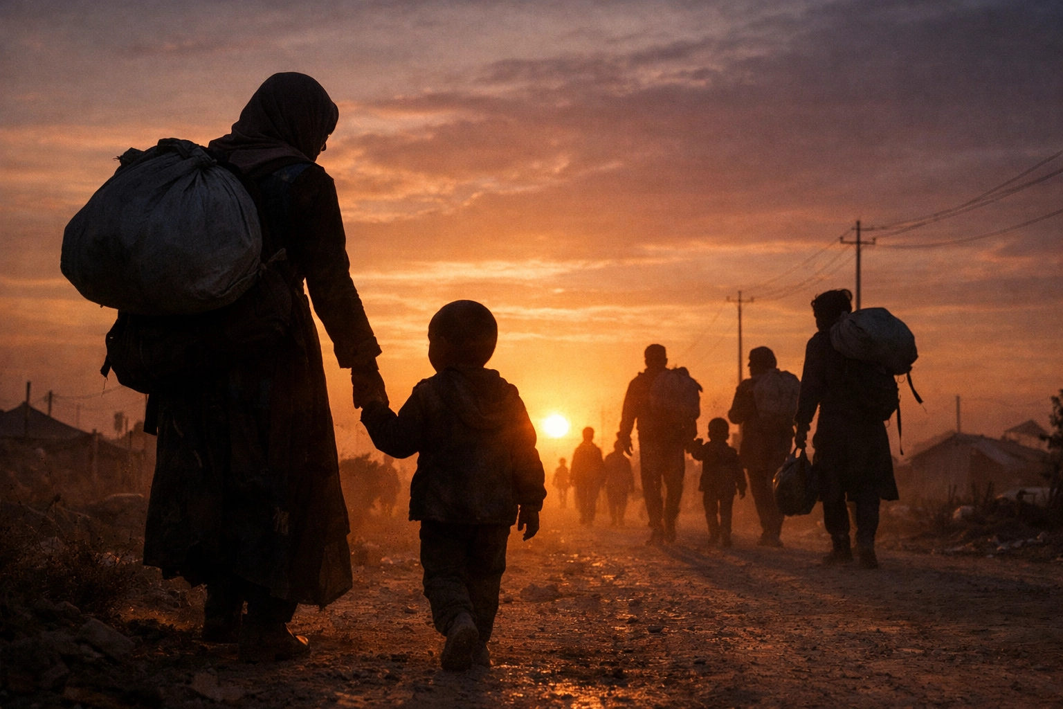 Refugee families walking at sunset representing global displacement and biblical compassion