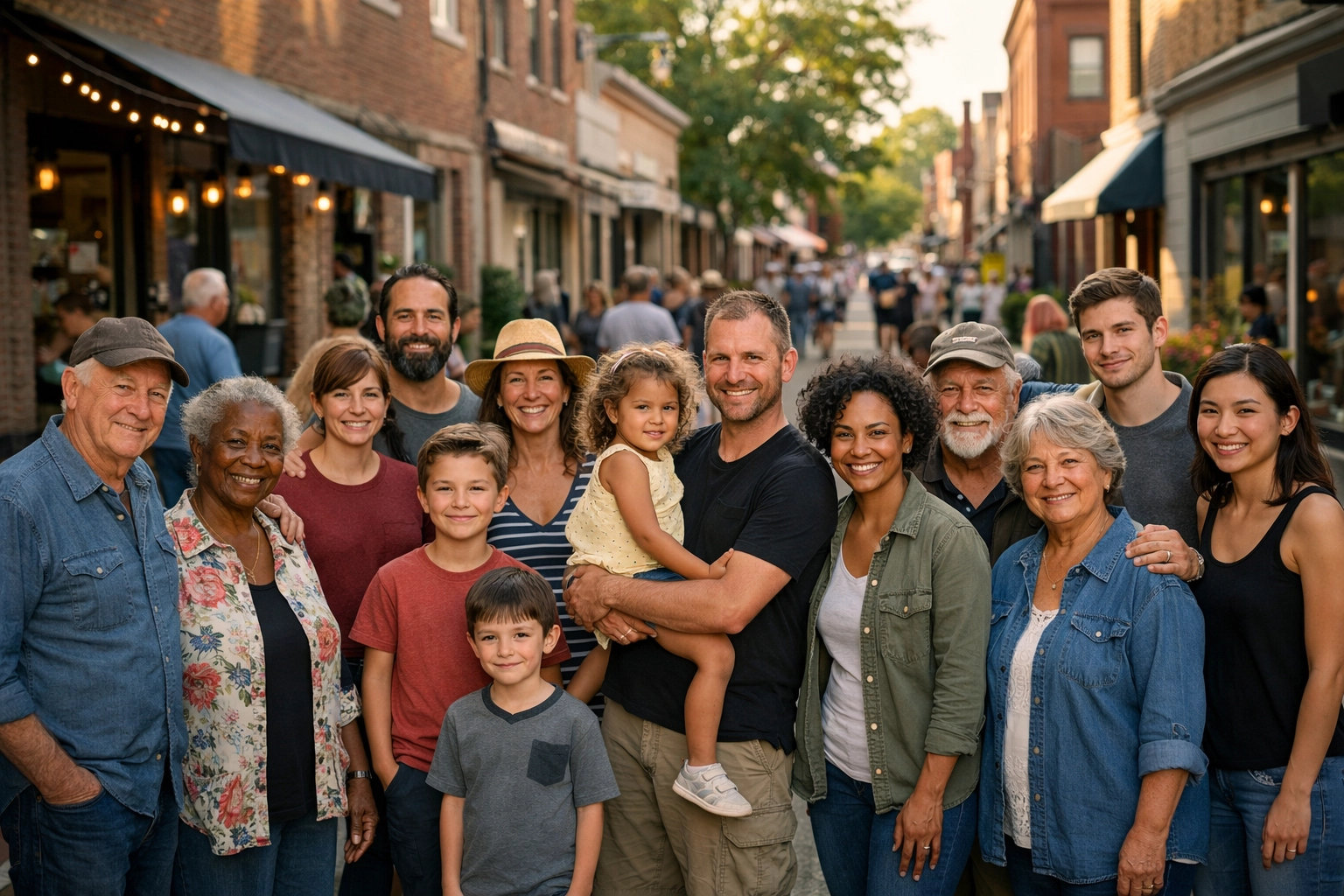 Neighbors gathered together on a local street, showing community support.