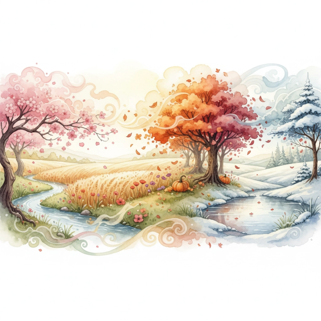 Whimsical watercolor landscape illustrating the four seasons—spring blossoms, summer fields, autumn leaves, and winter snow—symbolizing the creative cycles and planning process in a writer’s yearly calendar.