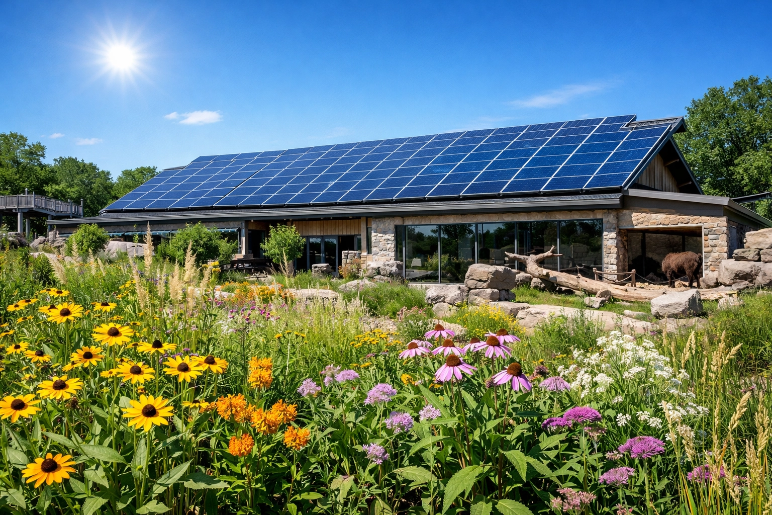 Zoo habitat with solar panels and native plants demonstrating sustainable zoo operations