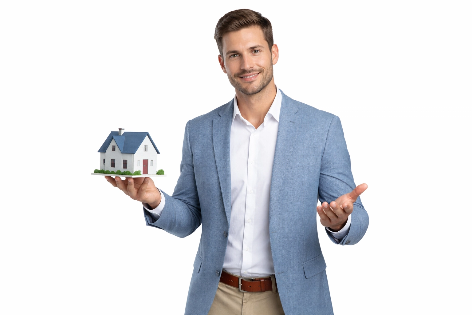 Professional, approachable real estate advisor holding a house model on a white background