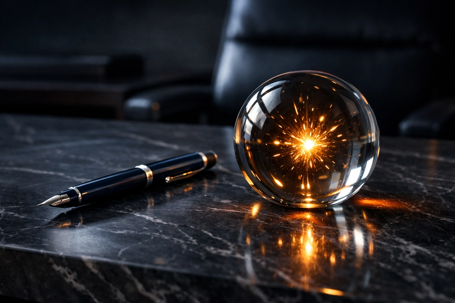 Executive desk with a glowing spark, symbolizing the internal shift needed to master leadership influence.