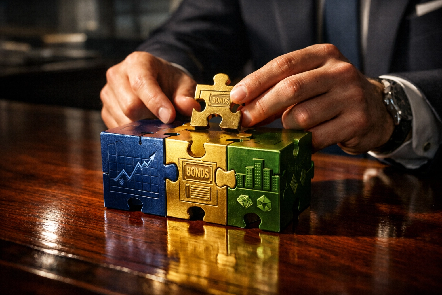 Investor assembling portfolio allocation puzzle representing the 40/30/30 diversification model