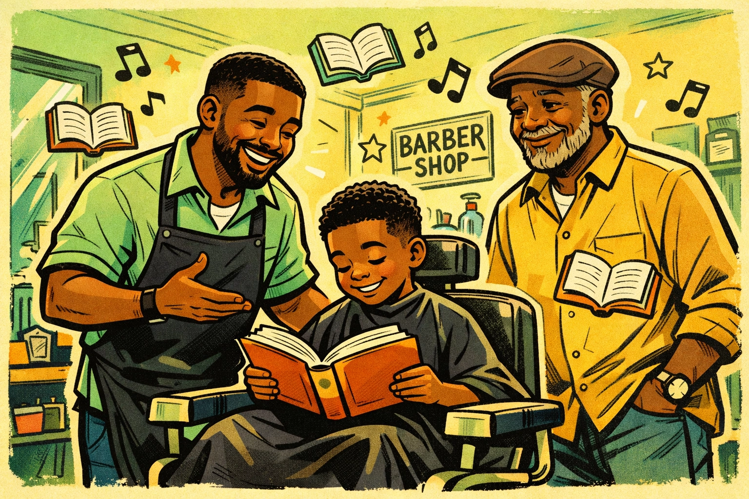 A young boy reads in a community barbershop chair, promoting literacy through CRC programming.