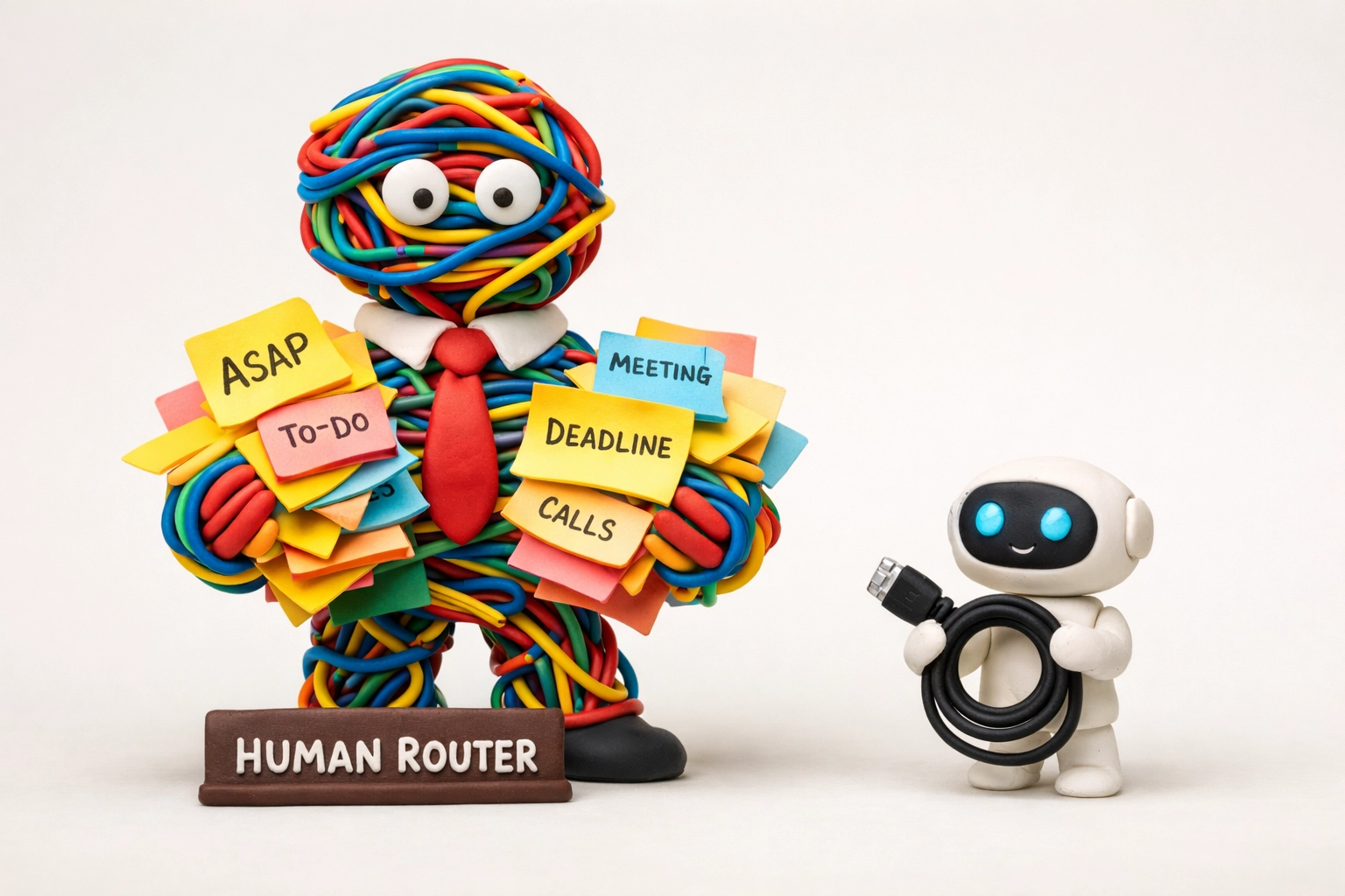 Claymation: a 'Human Router' manager made of tangled wires with a tie, buried in sticky-note status updates; a tiny AI assistant holds one neat cable.