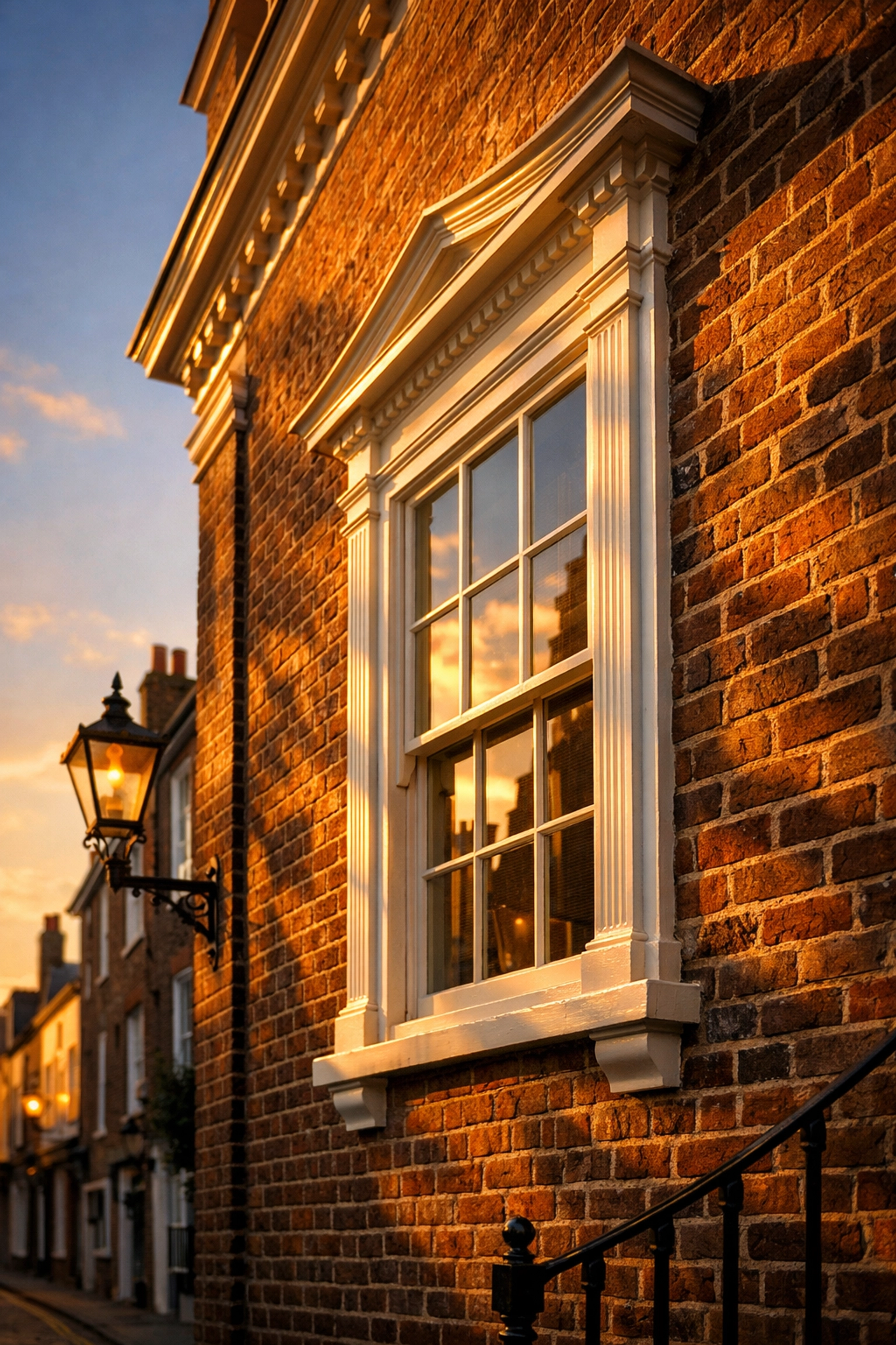 Restored Georgian townhouse facade with traditional sash windows in a Chichester conservation area.