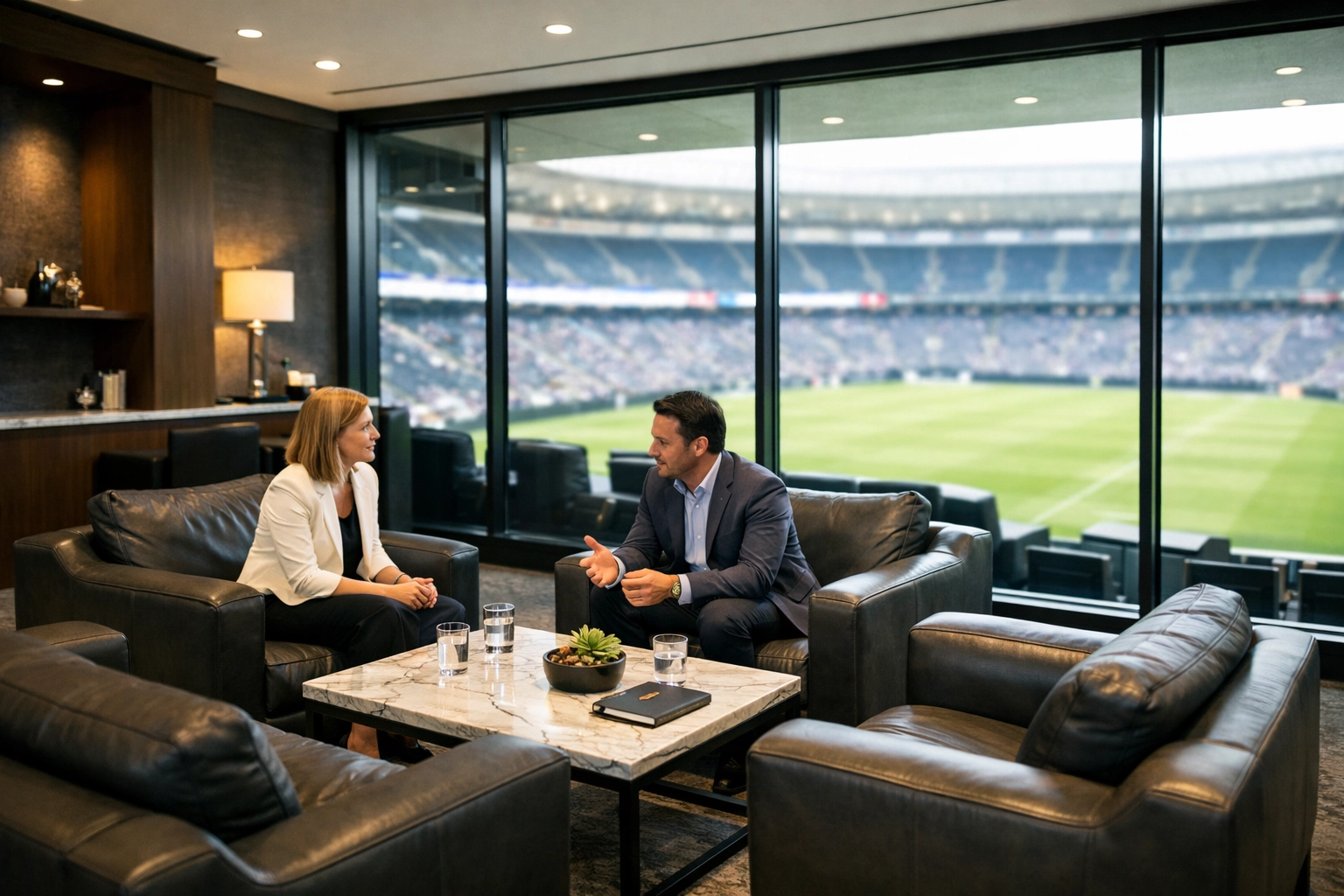 Executives having a quiet business discussion in a luxury Super Bowl stadium suite lounge quiet zone.