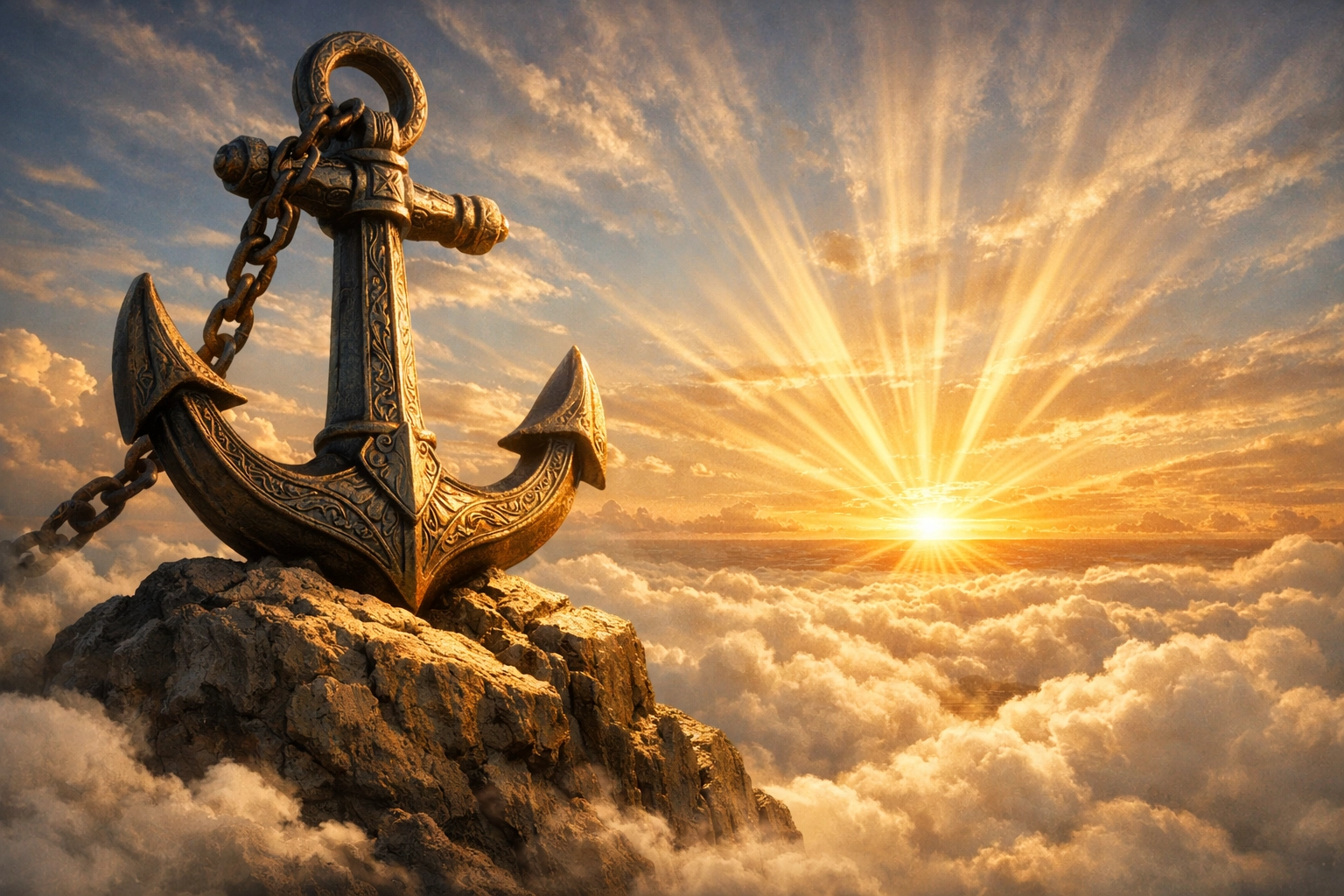 A solid anchor on a rock above the clouds, representing spiritual security and hope in God's Word.