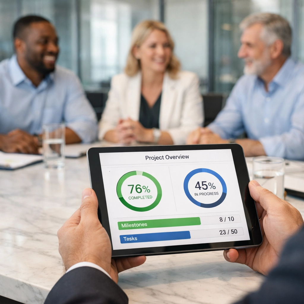 Professional using a tablet for ServiceNow consulting services and GDPR compliance monitoring in a meeting.
