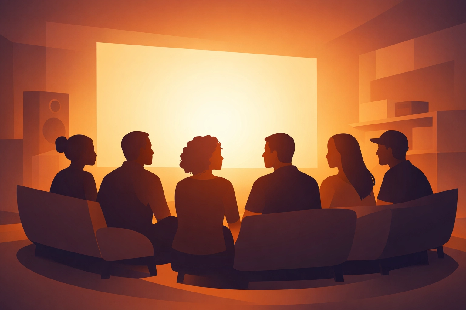 Diverse audience watching faith-based media content together in community setting