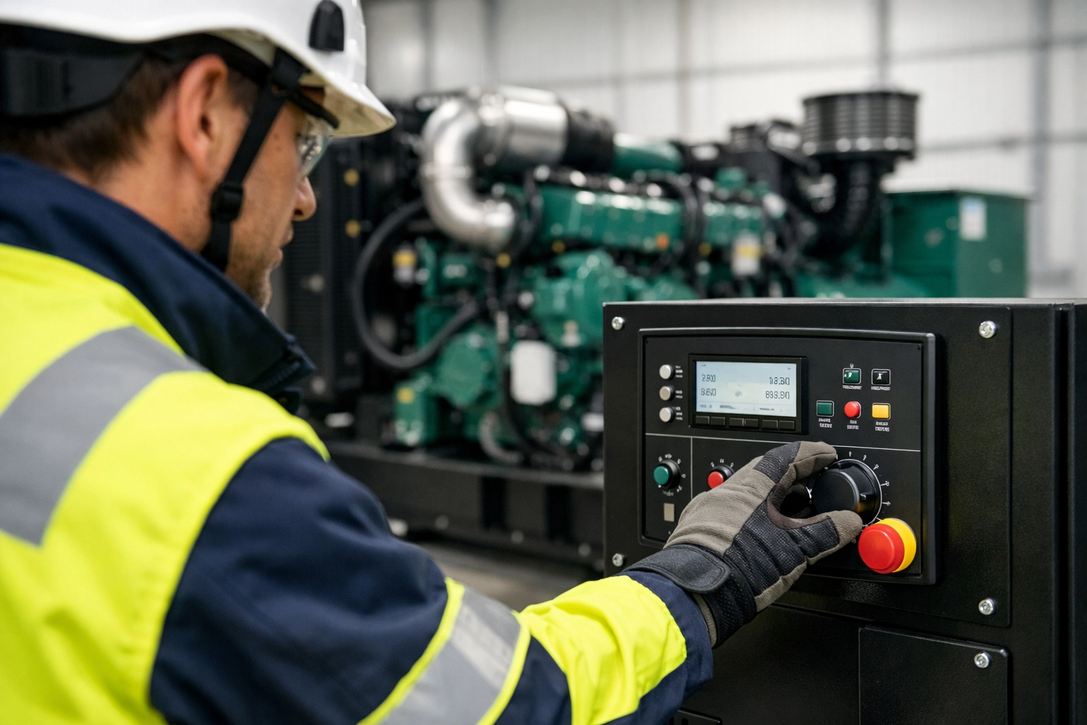 Looking For a Used Industrial Generator? Here Are 10 Things You Should Know 3 A technician in safety gear inspecting the control interface of an industrial generator in a warehouse.