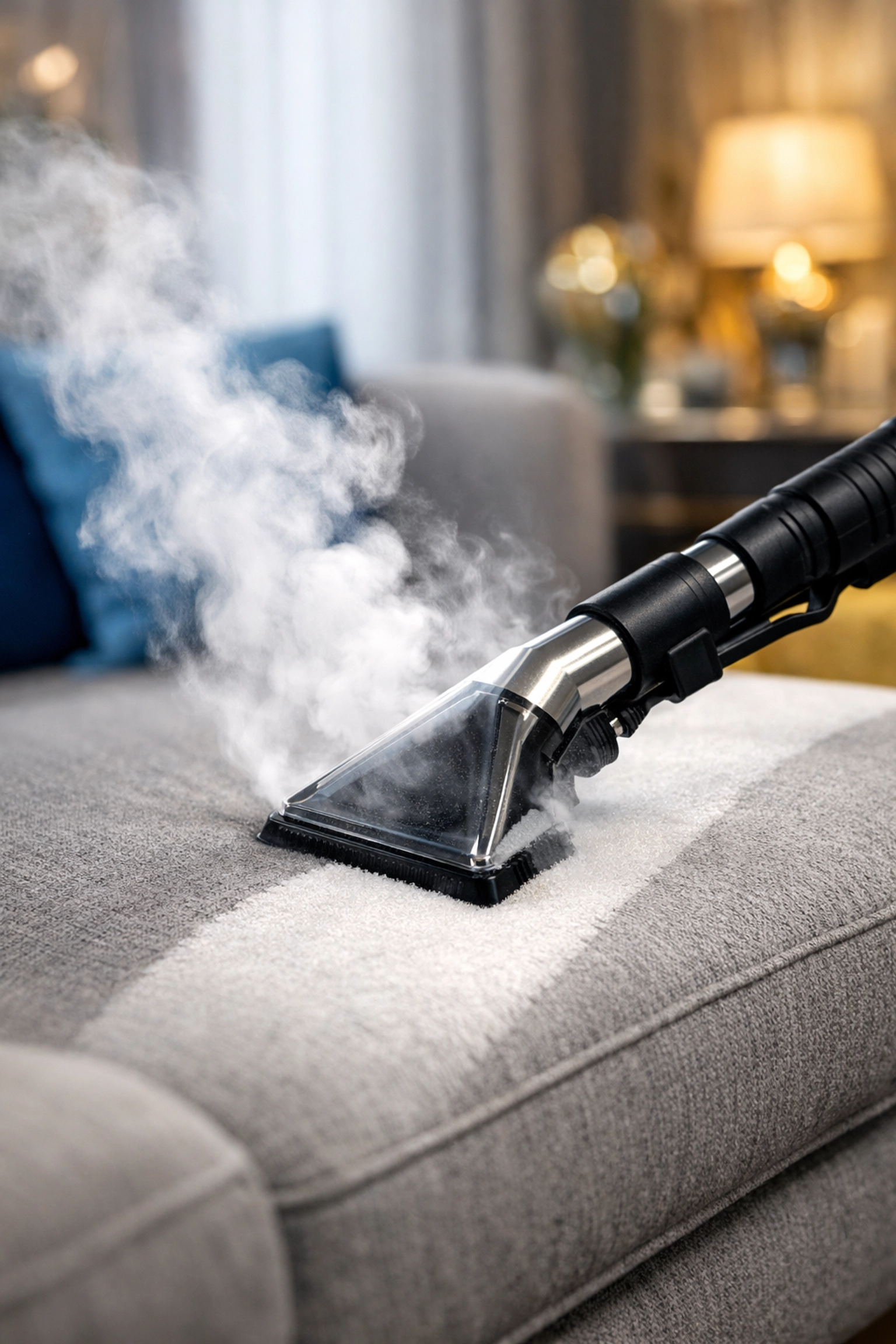 Professional eco-friendly steam cleaning tool removing stains from a fabric armchair in Lunenburg.