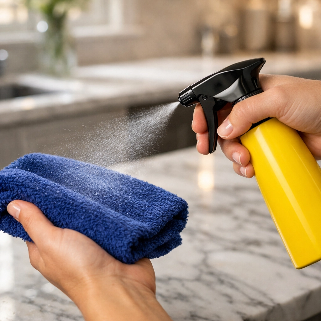 Professional deep cleaning Worcester techniques using a spray bottle and microfiber cloth on marble.