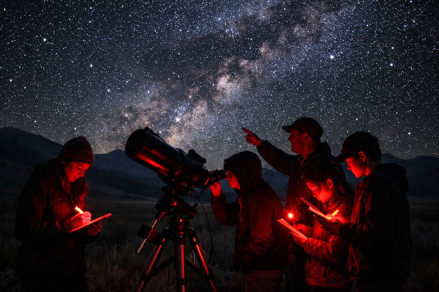 Students using a telescope for astronomy research during a Yellowstone Science Program for Schools expedition.