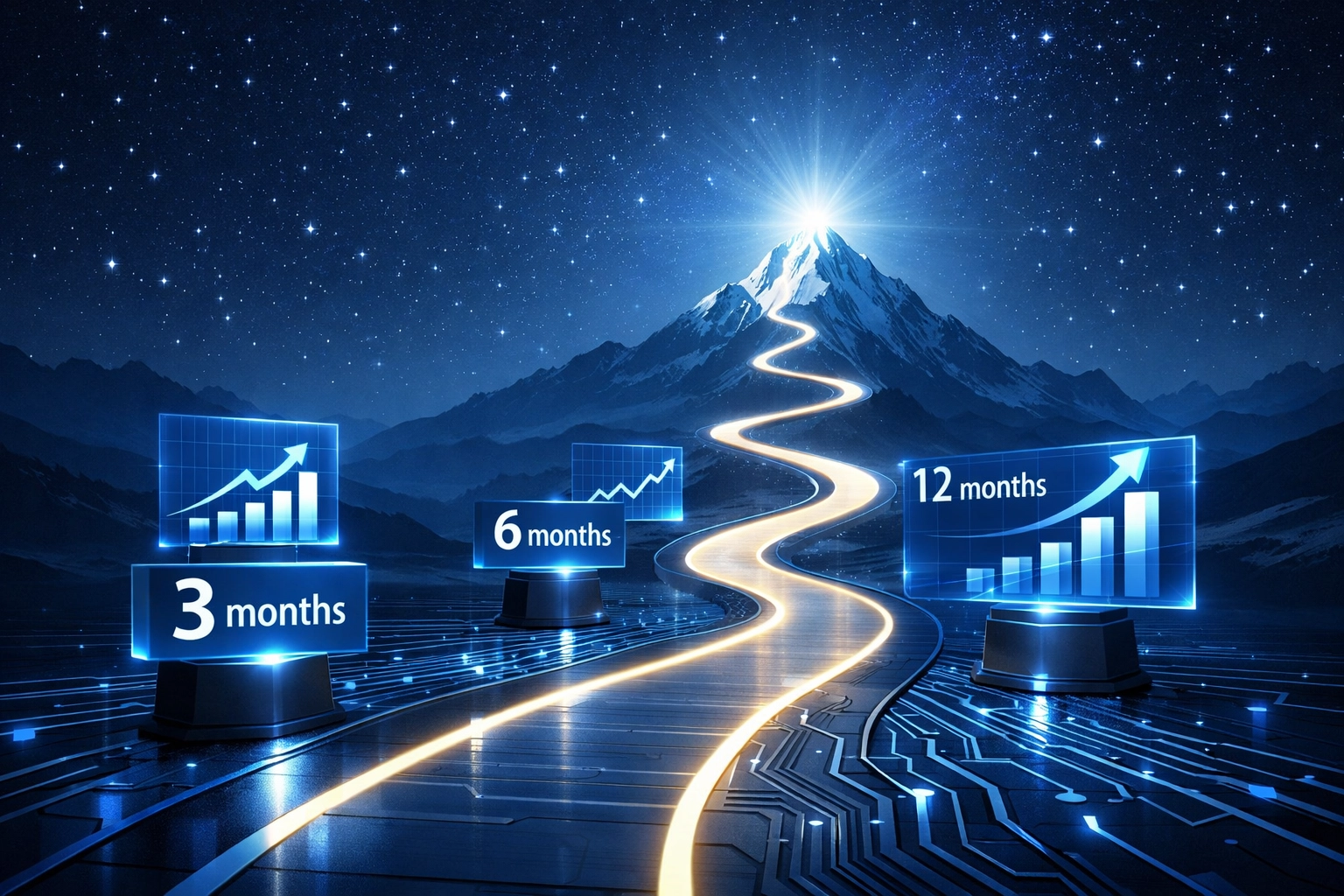 SEO growth timeline showing 3, 6, and 12-month milestones with upward trending performance charts
