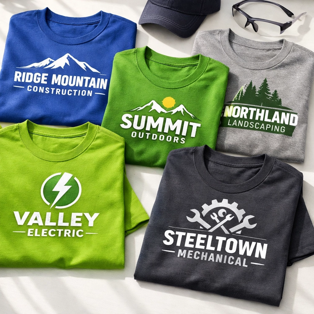 Collection of custom screen-printed work shirts in various colors for landscaping companies