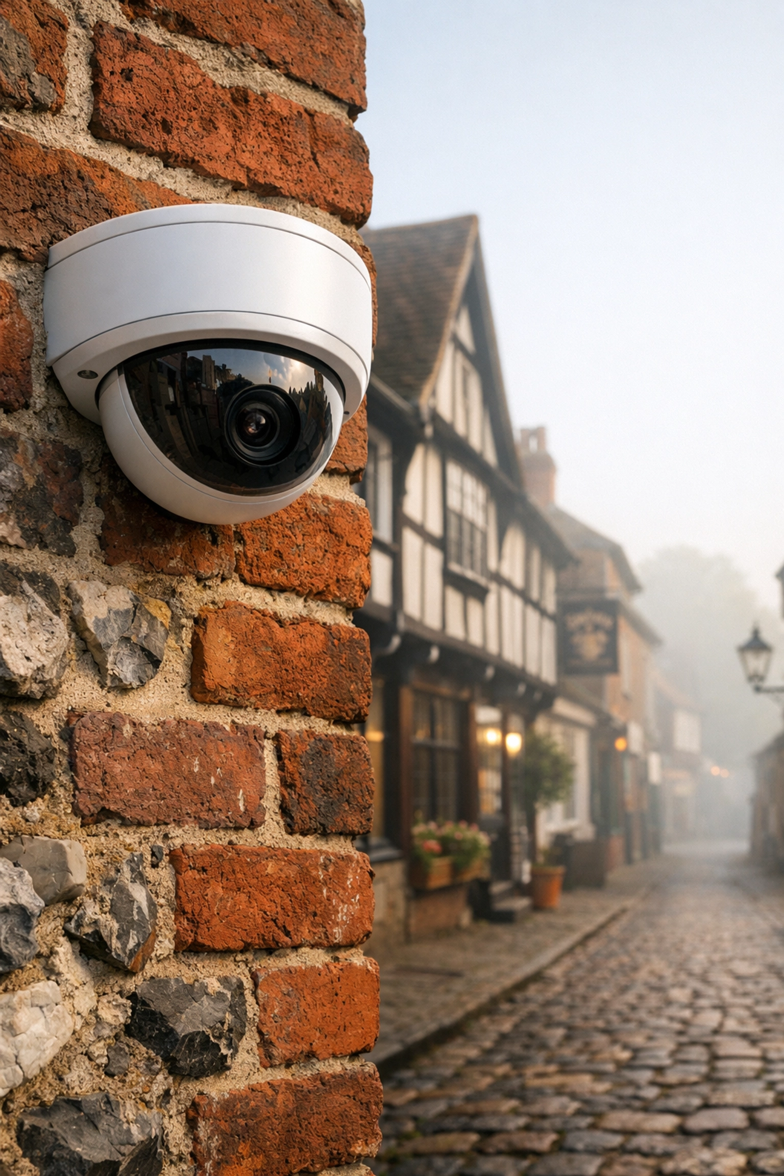 Professional dome CCTV camera installation on a traditional Petworth brick wall.