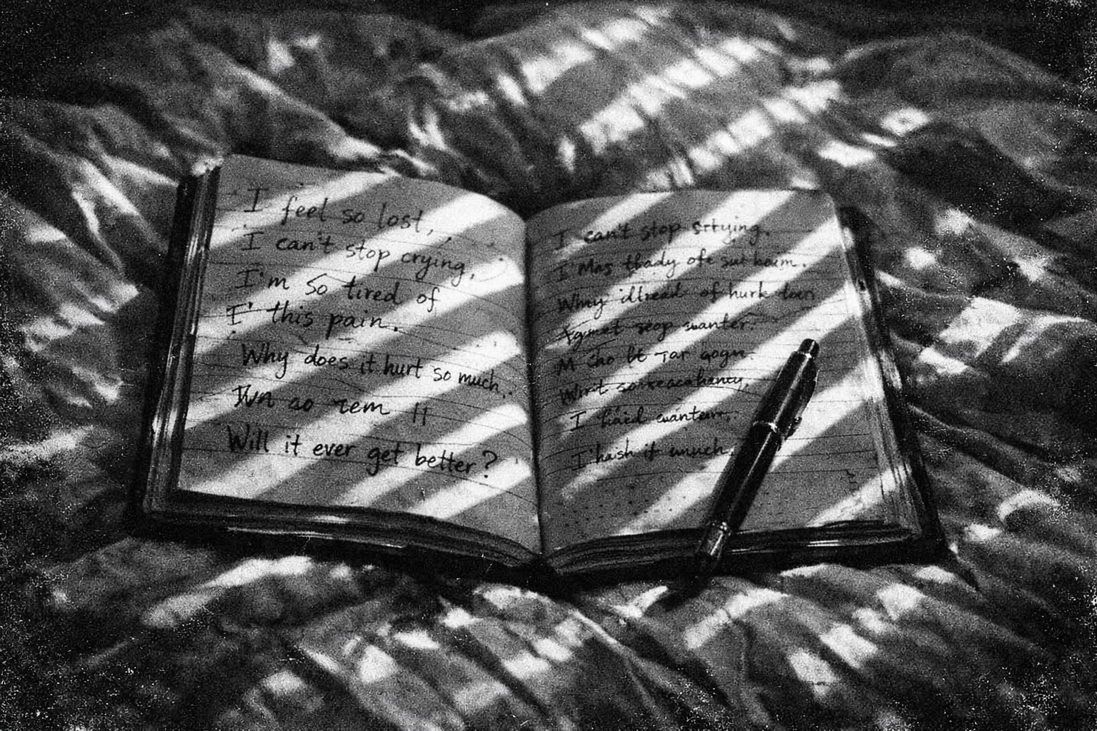 Open journal on bed representing memoir writing and trauma processing journey