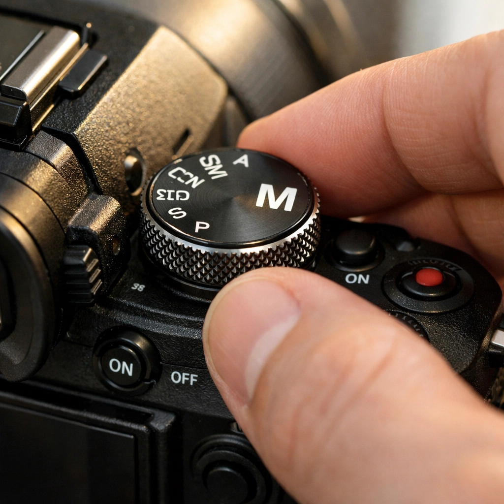 Photographer switching a camera dial to learn how to use manual mode camera settings effectively.