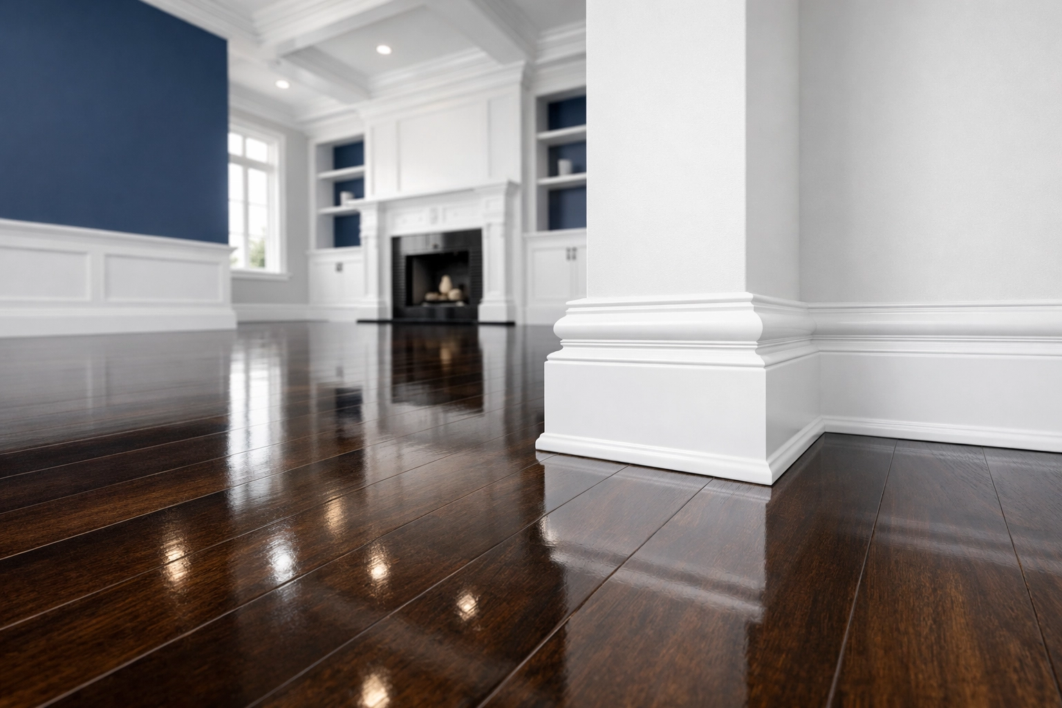 Polished hardwood floors and clean baseboards after a professional deep cleaning in a Needham home.