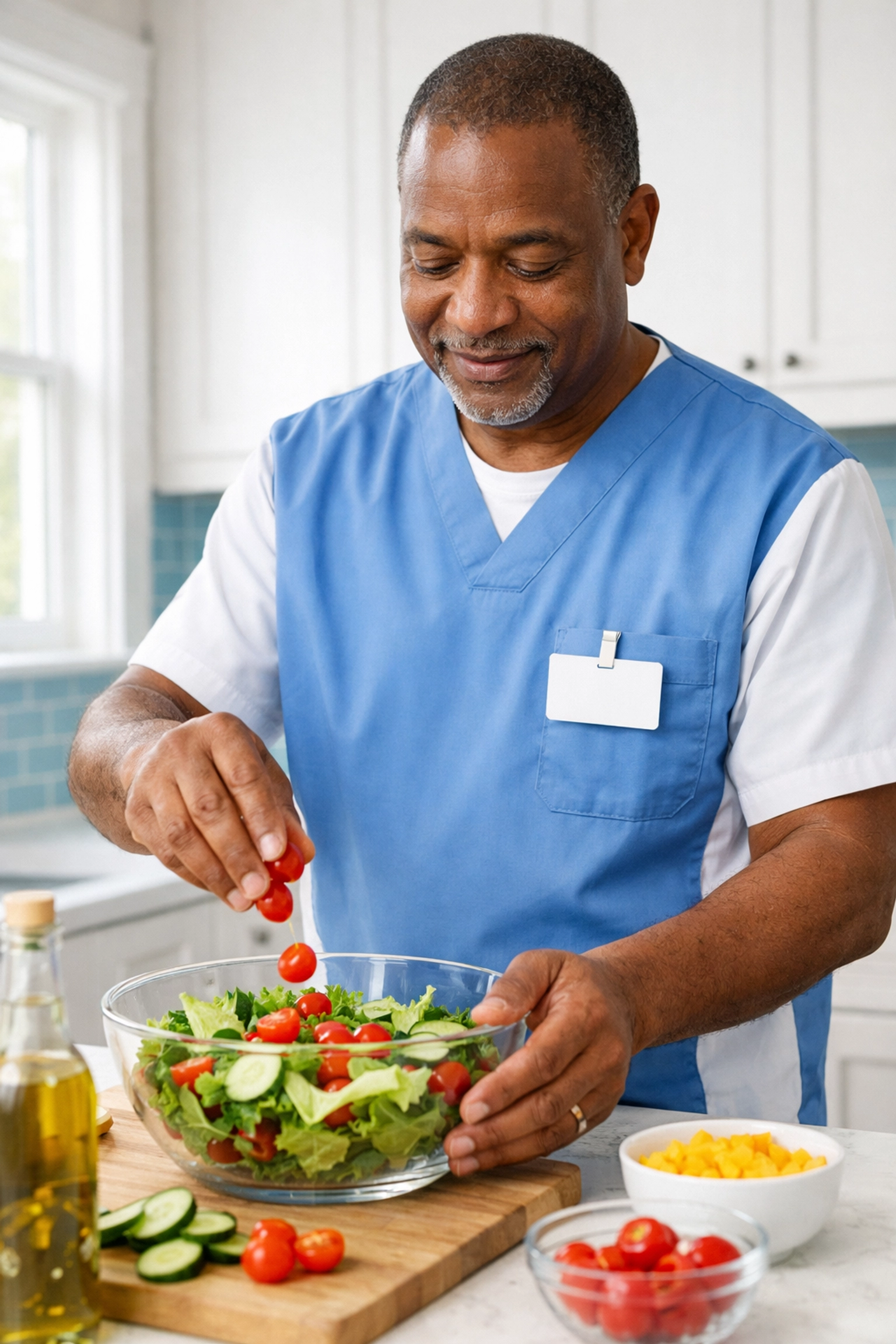A professional caregiver preparing a healthy meal for a veteran in a bright, modern kitchen.