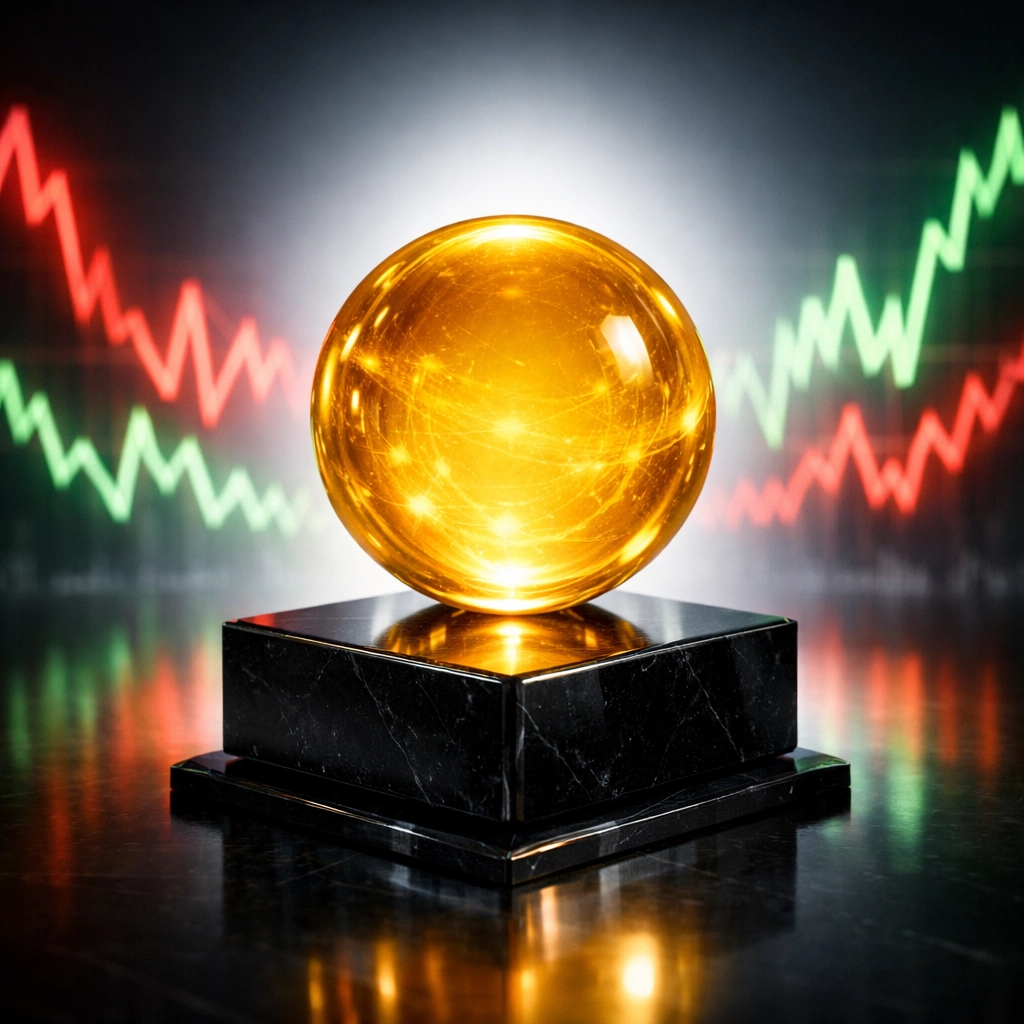 A stable gold sphere representing LUSD crypto stability amidst volatile market charts.