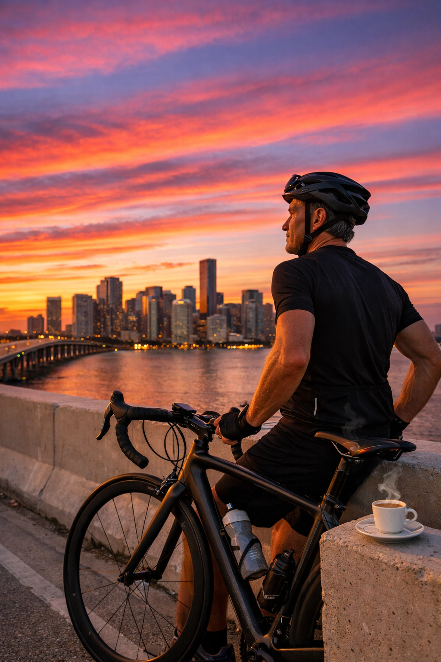 Lifestyle brand photography miami session on the Rickenbacker Causeway during a sunset magic hour.