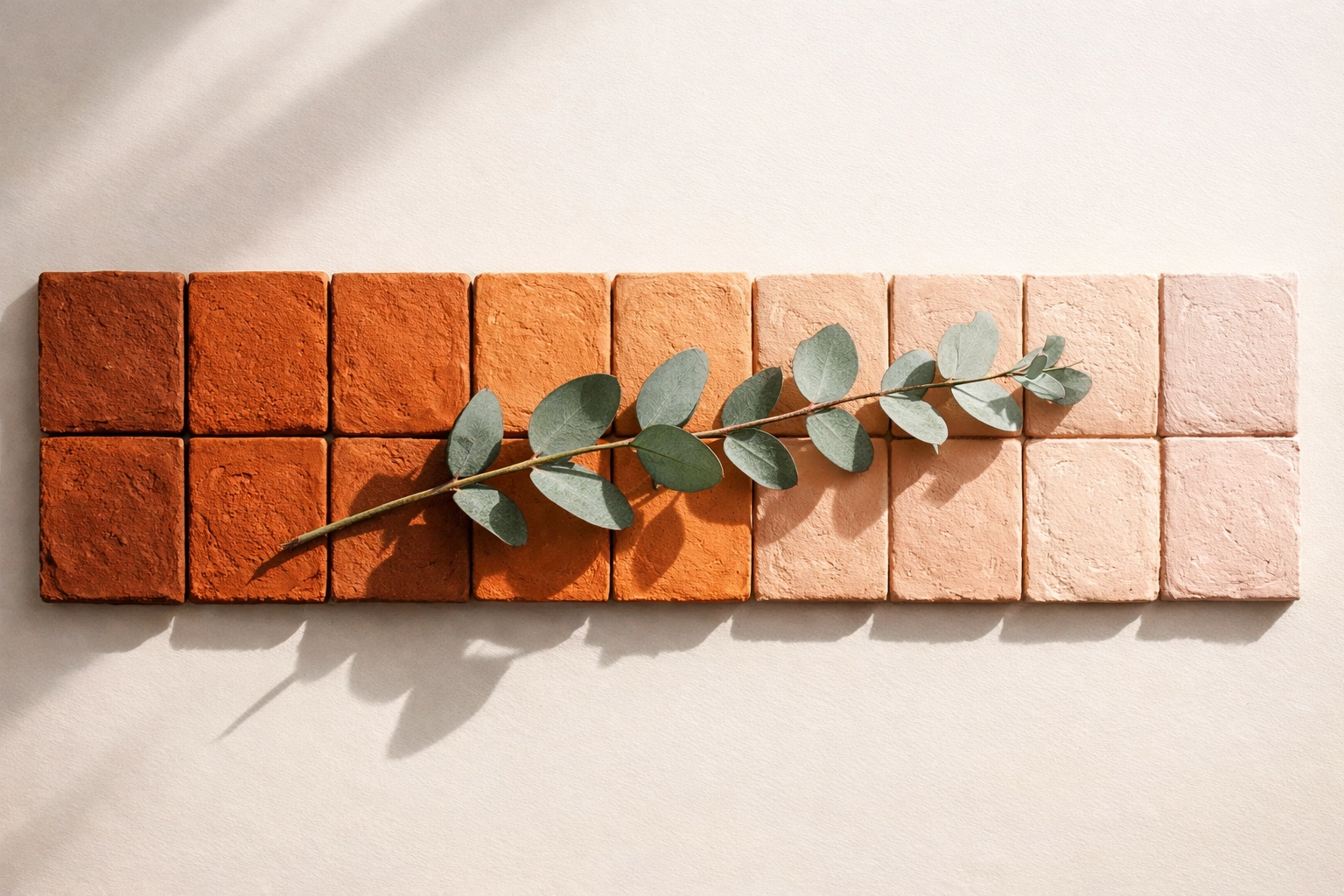 Twelve ceramic tiles with eucalyptus leaves representing a gradual 12-week postpartum healing roadmap.