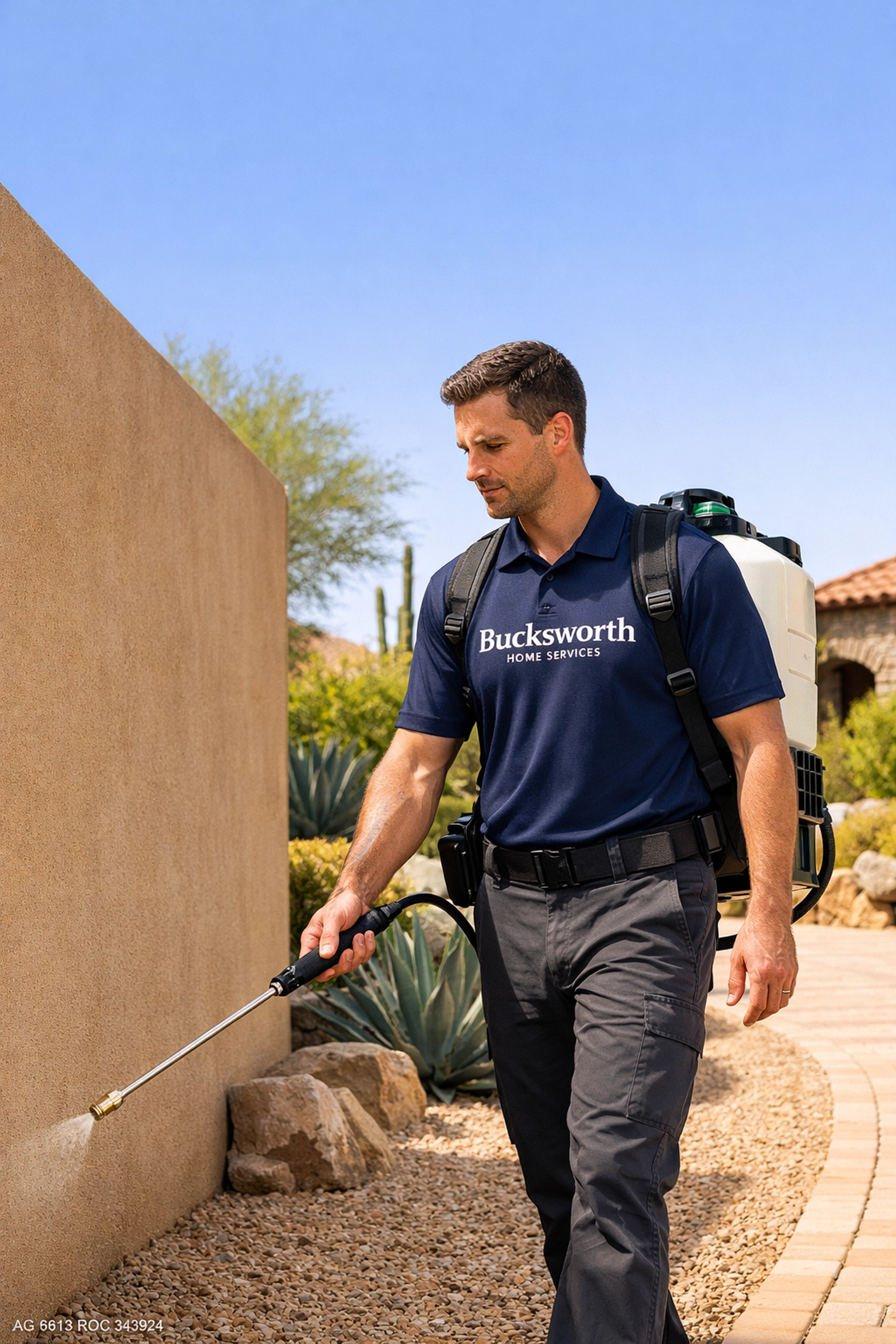 Bucksworth technician providing expert Scottsdale pest maintenance with a professional Flozone backpack sprayer.