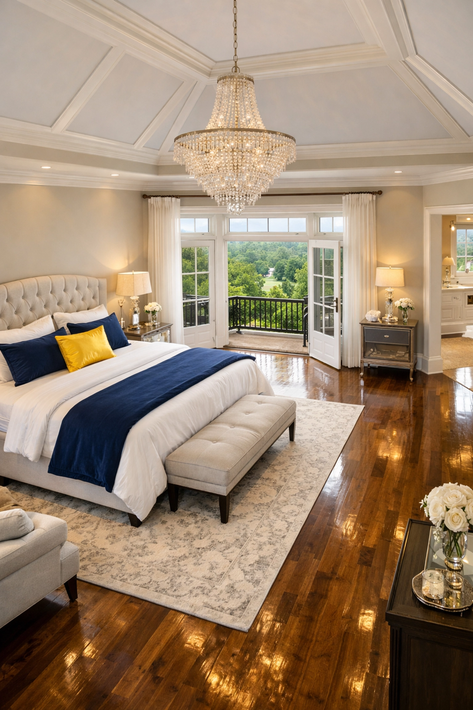 A pristine master bedroom with polished floors, showcasing luxury residential cleaning in Massachusetts.