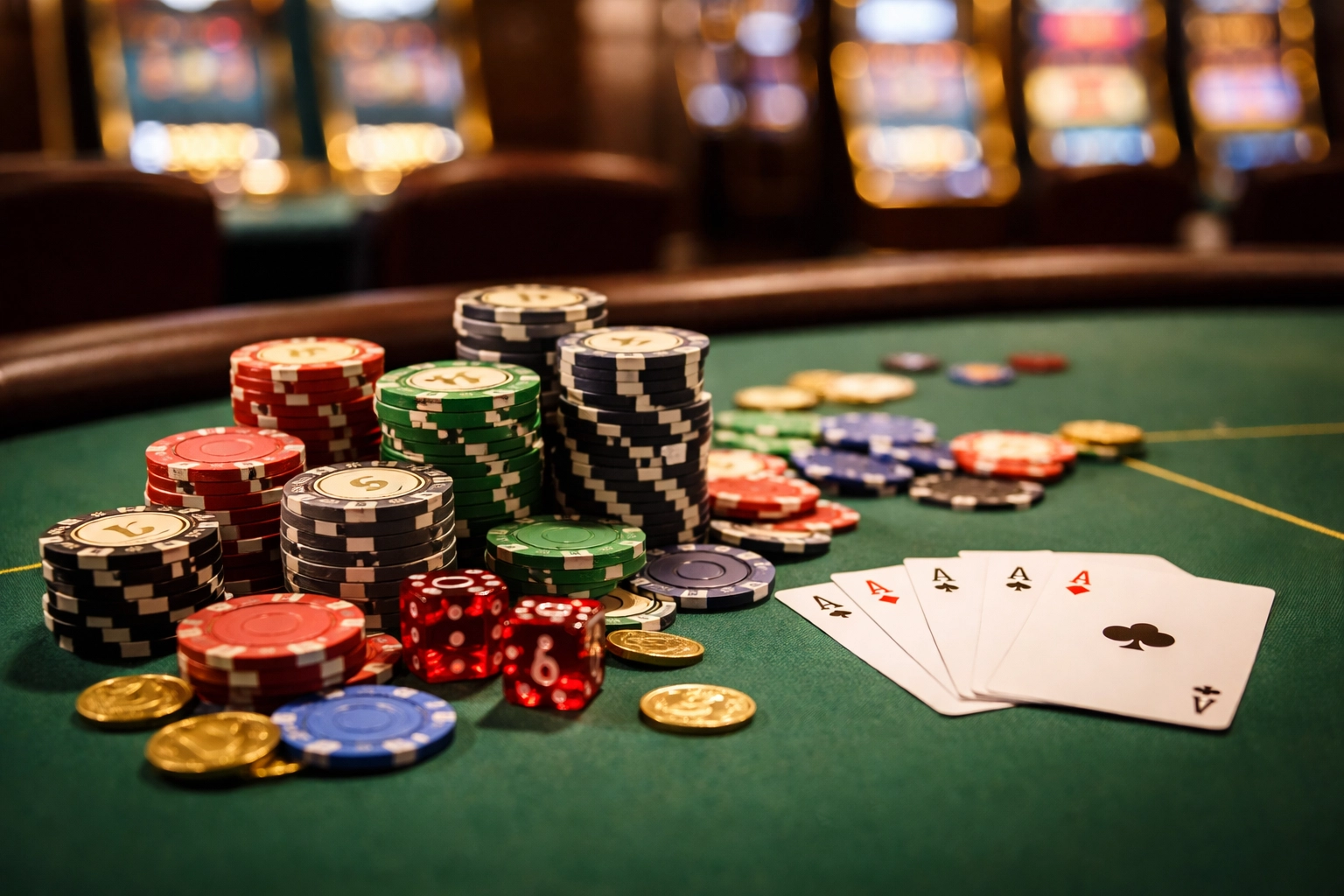 Casino gaming table with poker chips, cards, and dice, illustrating taxable gambling winnings for IRS reporting